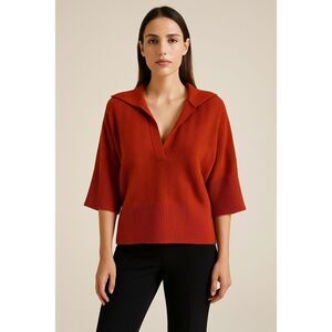 St. John Rustic Orange Wool Blend Santana Knit Collared Sweater Top Size L